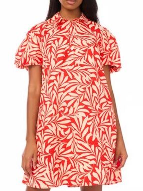 MSK Red & Cream Leaf-Print Puff Sleeve Casual Dress